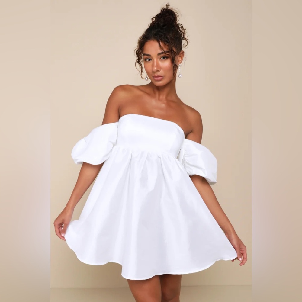 Lulu’s Sweet Vision White Taffeta Off-the-Shoulder Babydoll Mini Dress